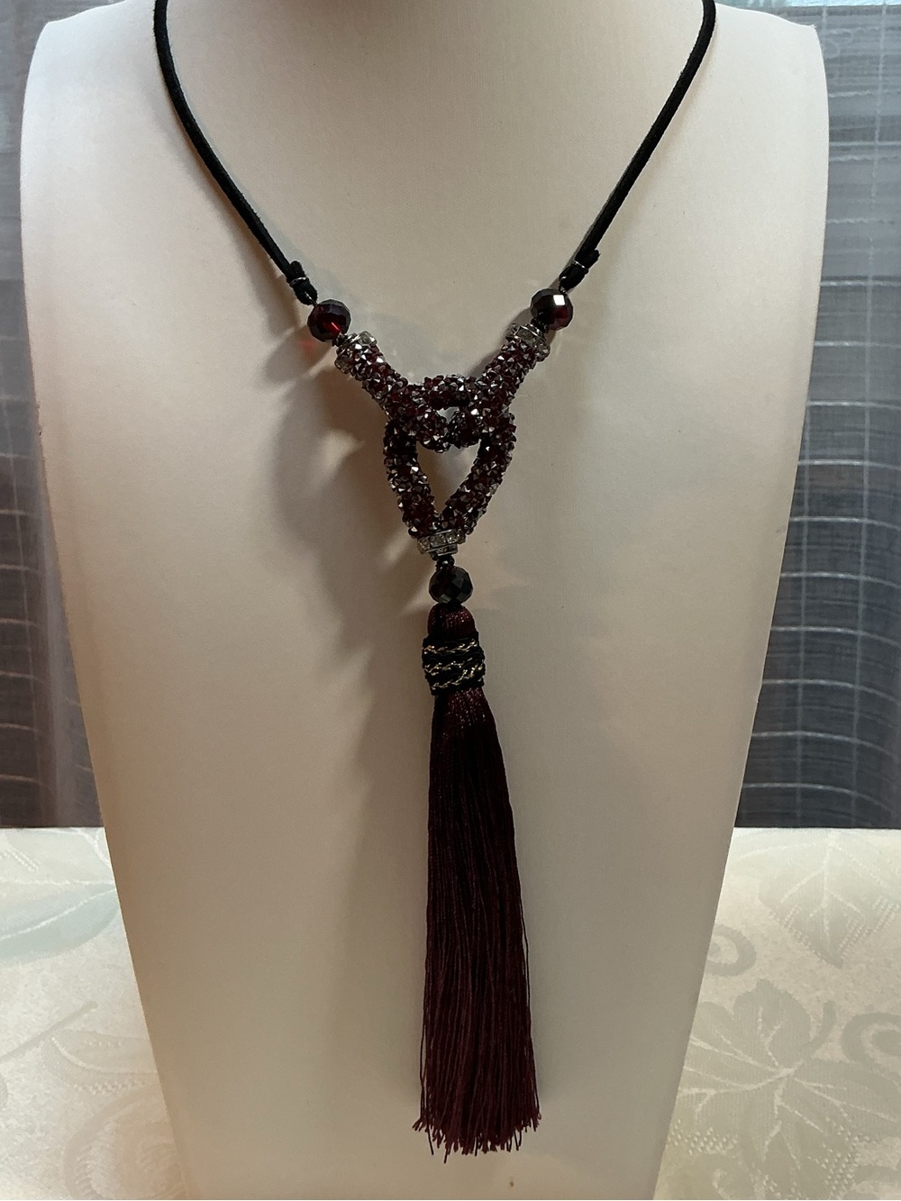 Burgundy Rhinestone Crystal Knot Tassel Black Suede Cord Necklace